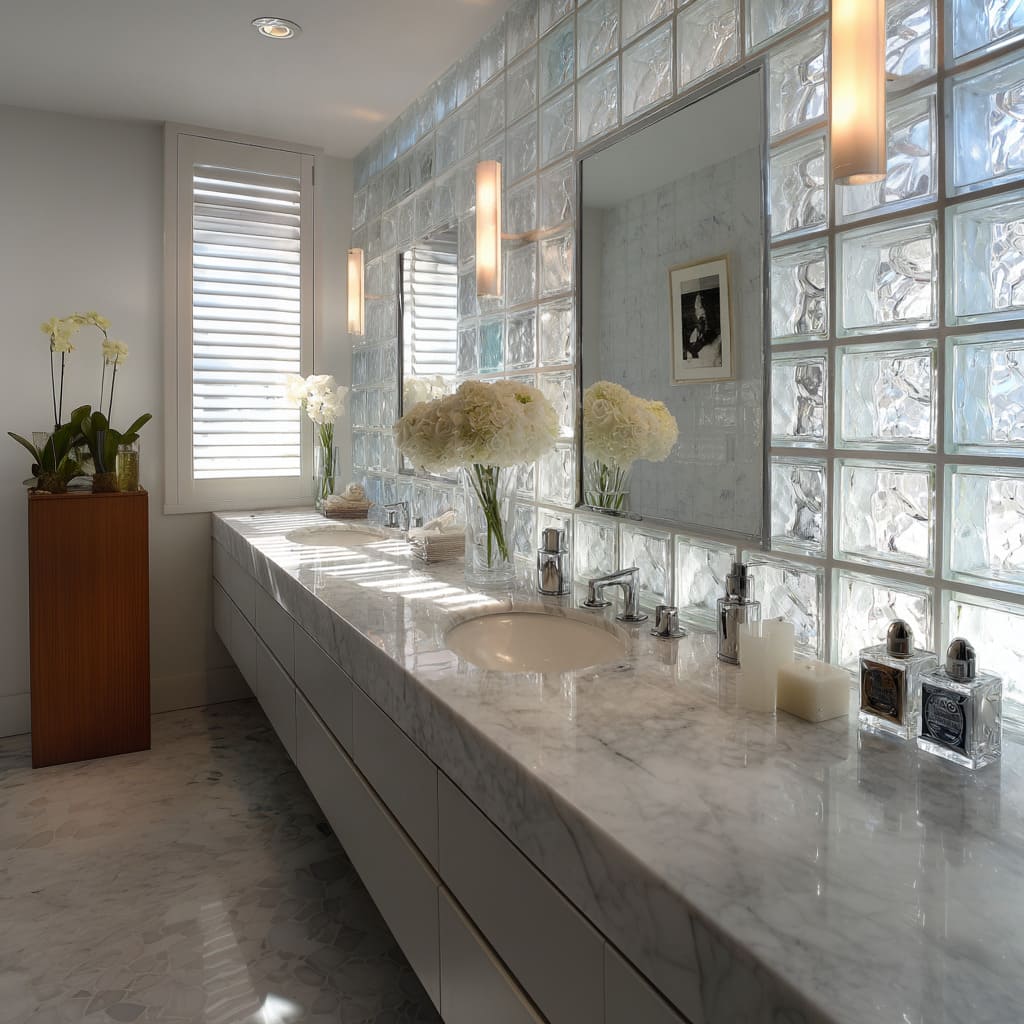 Very long vanity bathroom concept with a wide glass block wall, glossy marble counter reflecting the grid, frameless mirror Very long vanity bathroom concept with a wide glass block wall, glossy marble counter reflecting the grid, frameless mirror