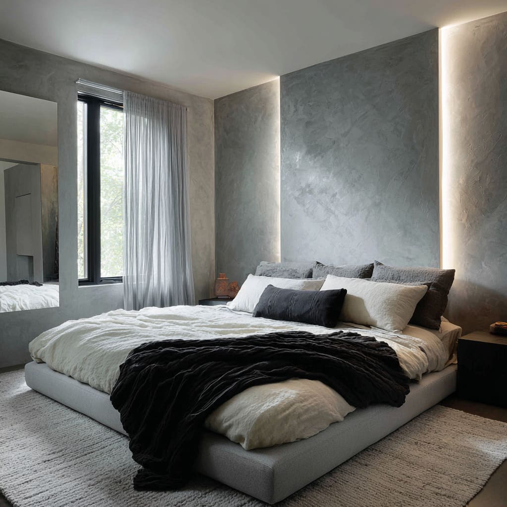 Very minimalist black and silver bedroom concept with with untra moder headboard design