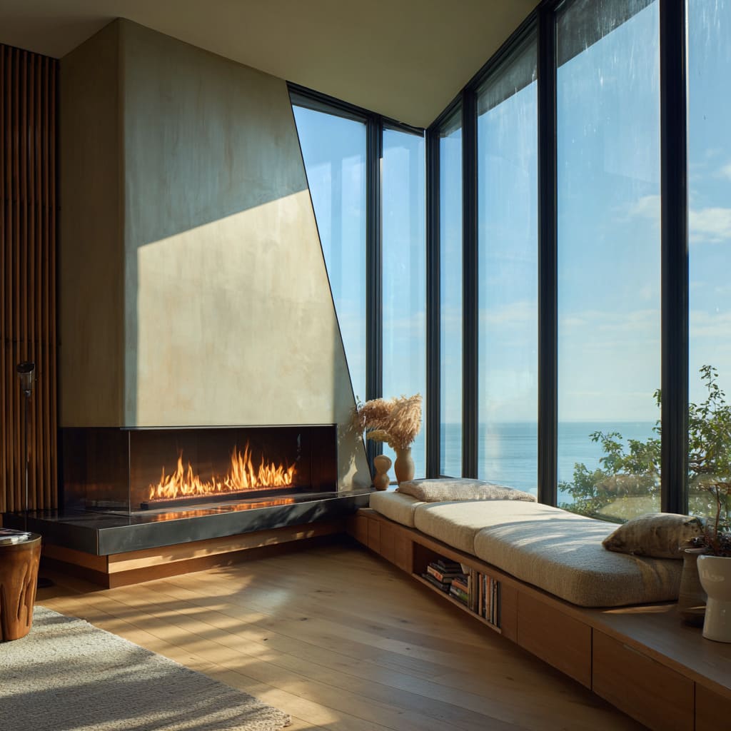 Sala con chimenea en esquina frente a la vista, campana inclinada, base en piedra negra y banco largo acolchado bajo las ventanas Sala con chimenea en esquina frente a la vista, campana inclinada, base en piedra negra y banco largo acolchado bajo las ventanas