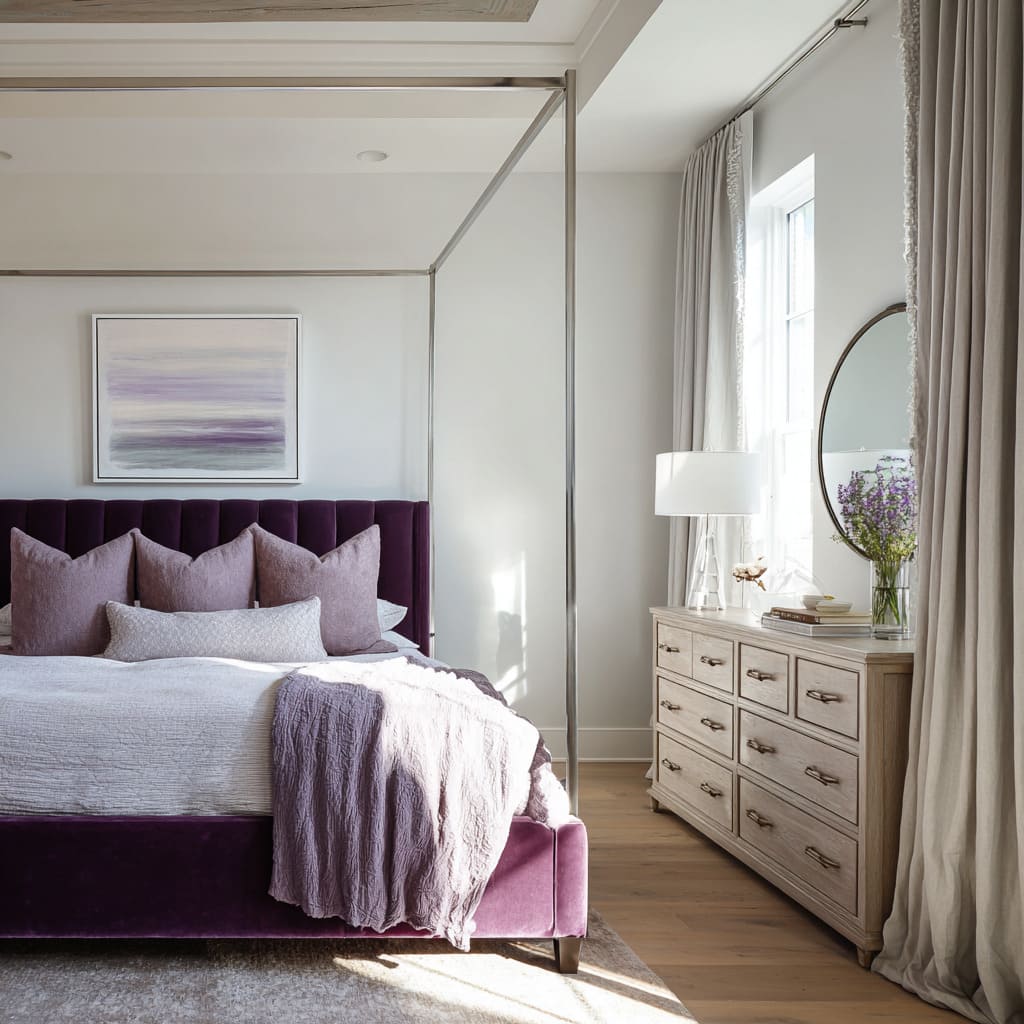 Dormitorio en violeta y cromo con cama con dosel de acero cepillado, cabecero de terciopelo uva y cómoda de roble. Dormitorio en violeta y cromo con cama con dosel de acero cepillado, cabecero de terciopelo uva y cómoda de roble.