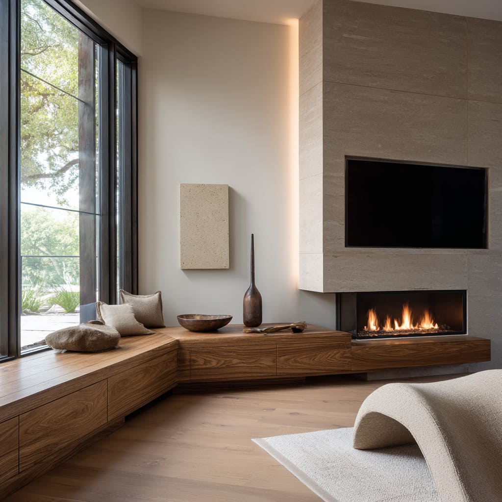 Walnut bench with small facet matching fireplace chamfer, tall bronze vase at pivot, pale artwork Walnut bench with small facet matching fireplace chamfer, tall bronze vase at pivot, pale artwork