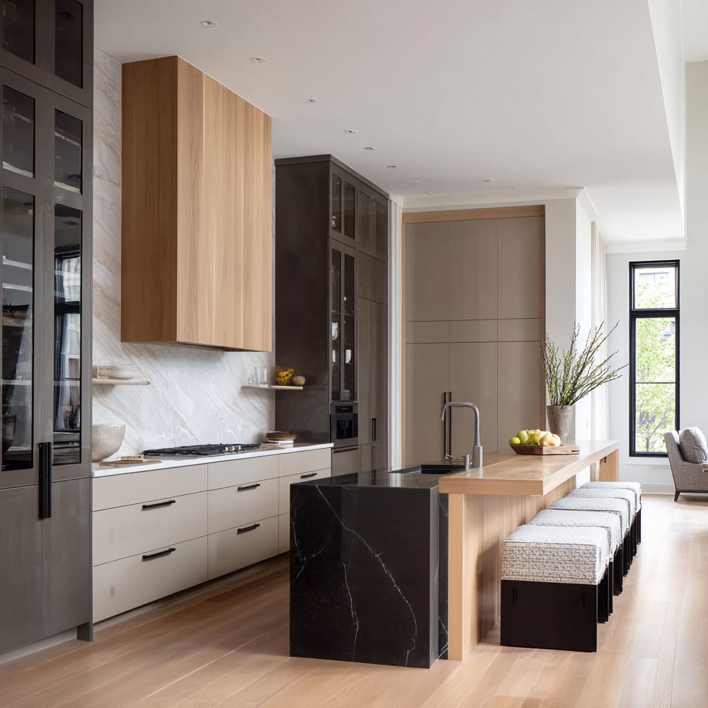 Walnut console concept running the length of an island beside a black stone block, complete with upholstered block stools Walnut console concept running the length of an island beside a black stone block, complete with upholstered block stools