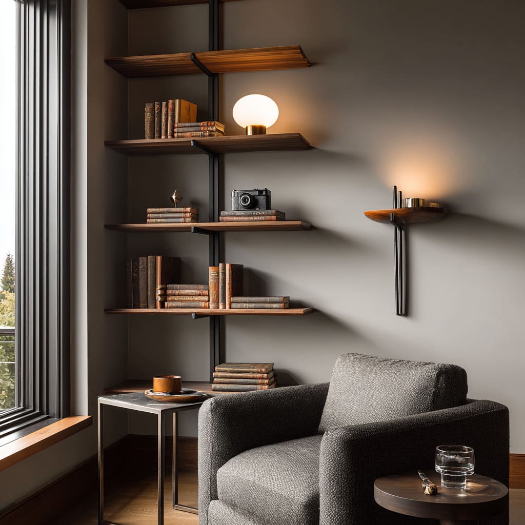 Walnut corner shelves on steel spine design with warm greige wall, aged book stacks, orb lamp, sculptural pieces Walnut corner shelves on steel spine design with warm greige wall, aged book stacks, orb lamp, sculptural pieces