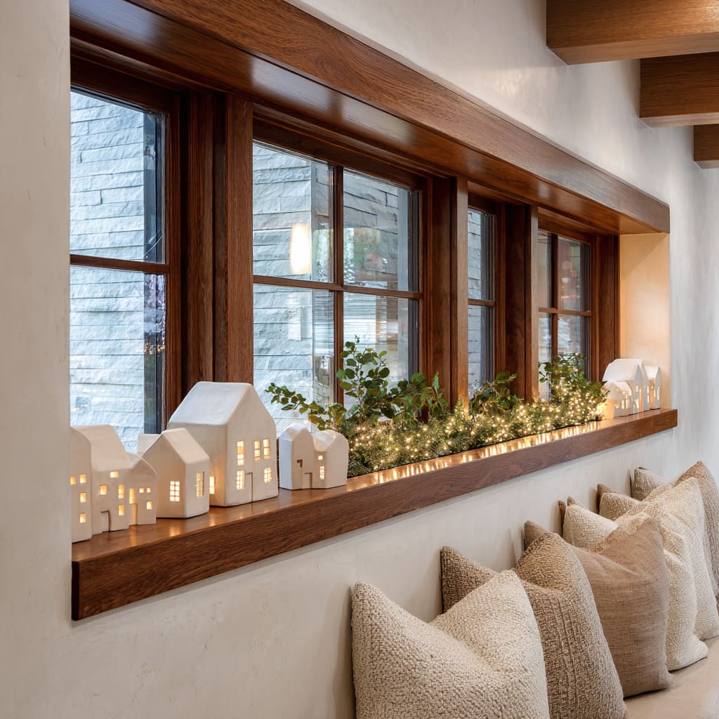 Alféizar de nogal estilo artesano con un pequeño pueblo de porcelana, follaje con luces y una paleta de tonos neutros suaves. Alféizar de nogal estilo artesano con un pequeño pueblo de porcelana, follaje con luces y una paleta de tonos neutros suaves.