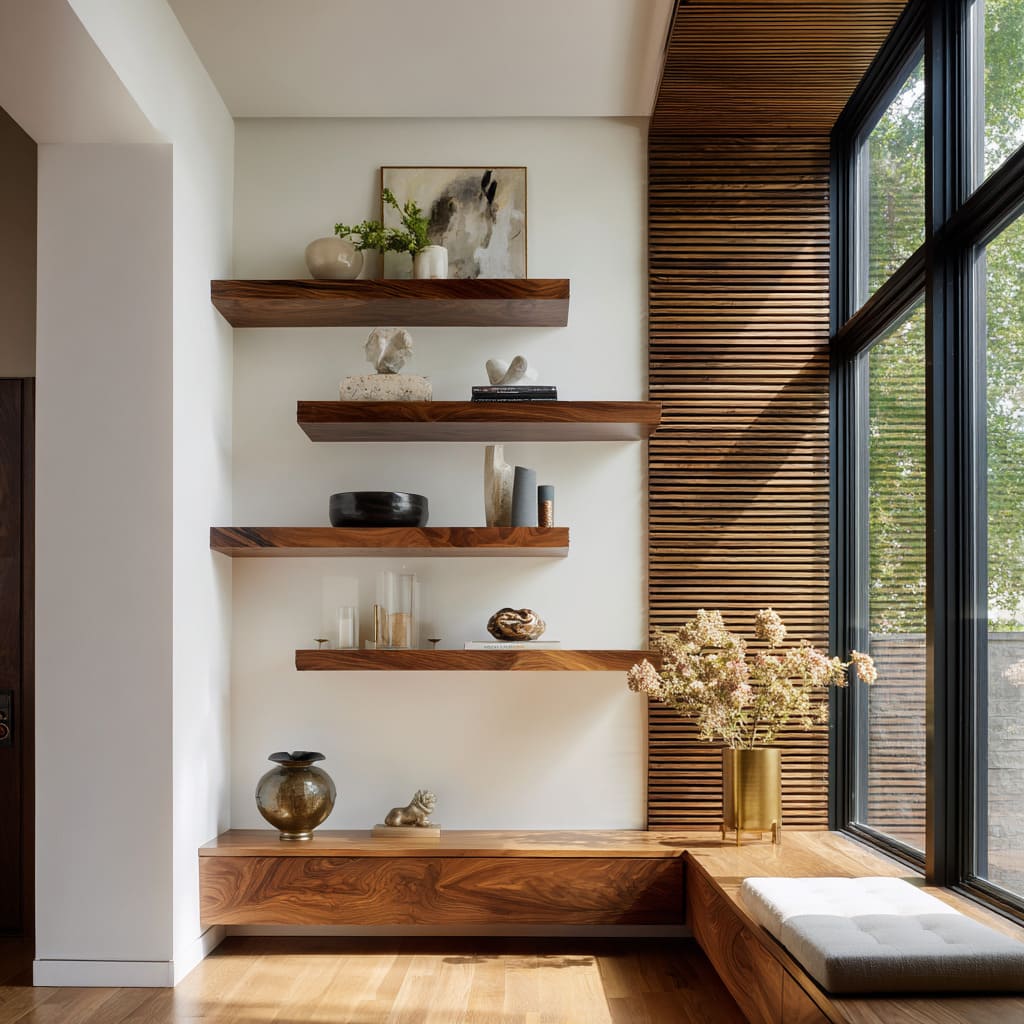 Walnut floating corner shelves ideas with ribbed window panel, low plinth shelf, tall vase, glass accents Walnut floating corner shelves ideas with ribbed window panel, low plinth shelf, tall vase, glass accents