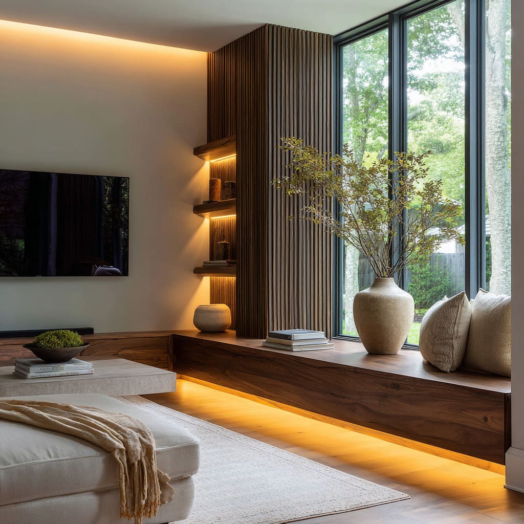 Warm L-shaped bench concept under slatted column with lit display ledges, clay vase with branches, floor glow, soft ottoman Warm L-shaped bench concept under slatted column with lit display ledges, clay vase with branches, floor glow, soft ottoman