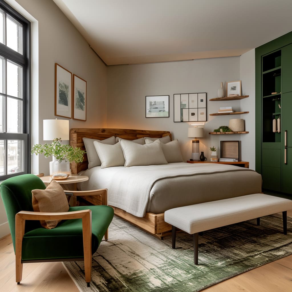 Warm corner bedroom design with burnt orange bedding, slim night cabinet, short bench Warm corner bedroom design with burnt orange bedding, slim night cabinet, short bench