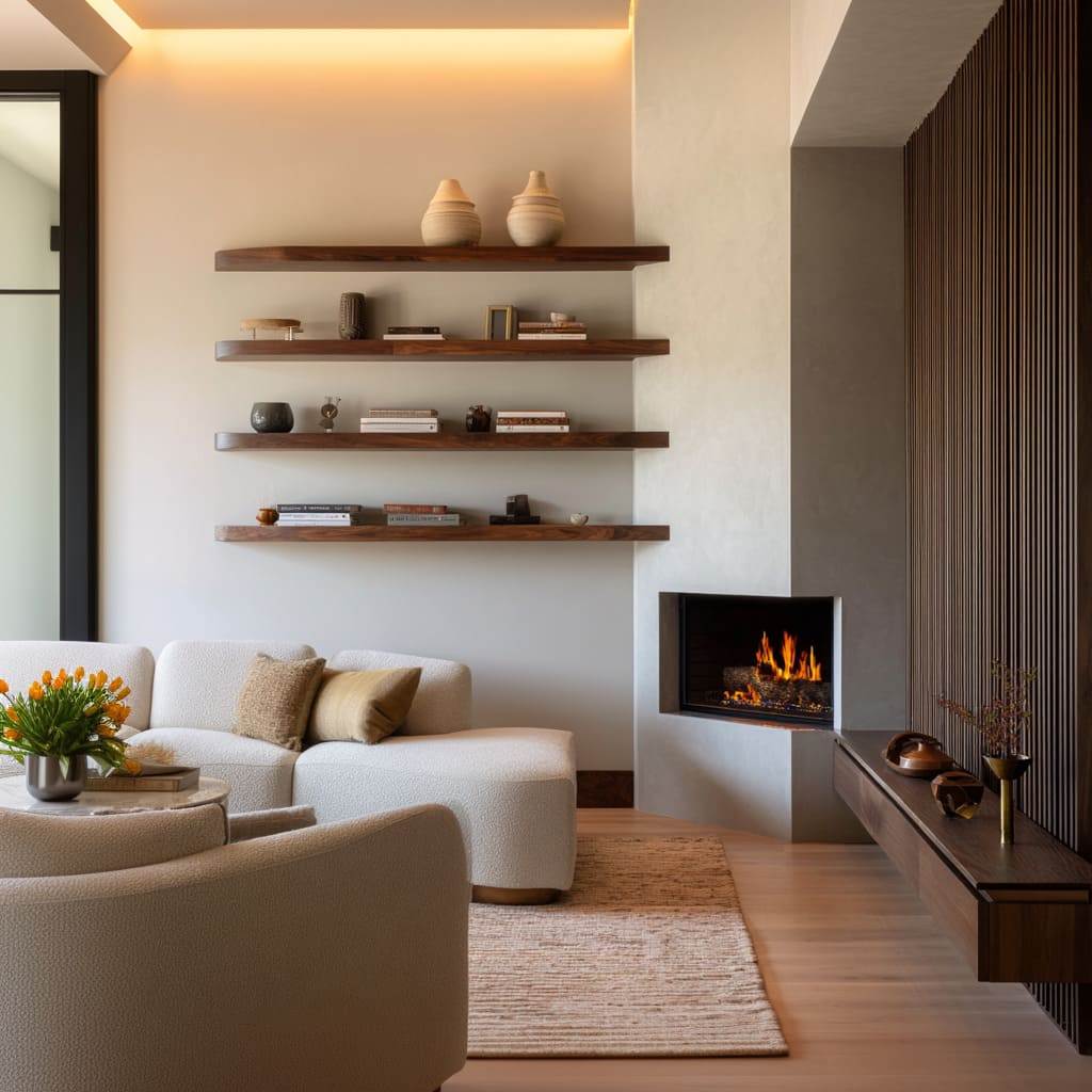 Espacio cálido con chimenea en esquina, estantes de nogal a un lado y pared de listones verticales al otro Espacio cálido con chimenea en esquina, estantes de nogal a un lado y pared de listones verticales al otro