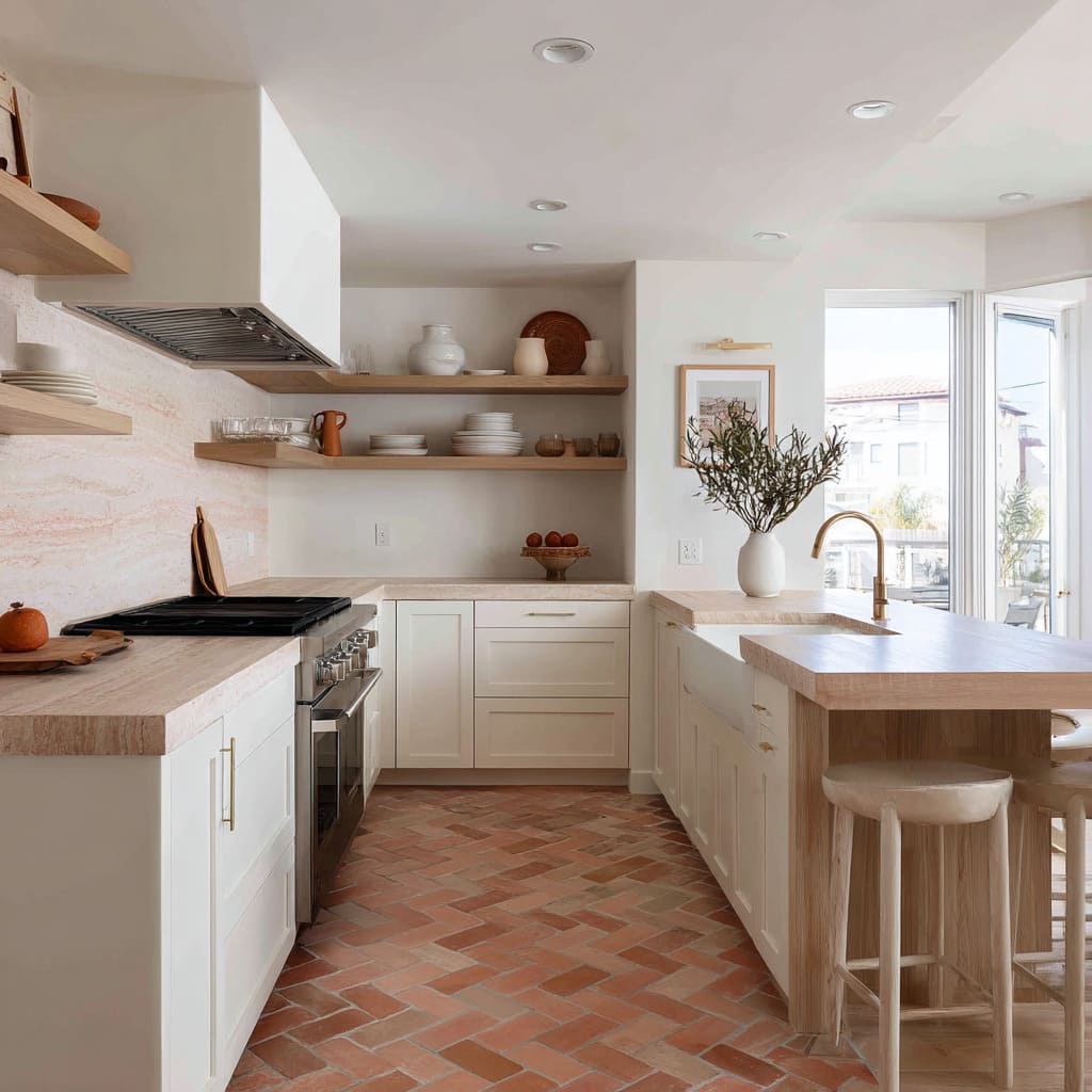 Diseño acogedor de cocina estilo farmhouse en blanco y terracota con suelo de ladrillo en espiga diagonal, muebles shaker crema y herrajes de latón Diseño acogedor de cocina estilo farmhouse en blanco y terracota con suelo de ladrillo en espiga diagonal, muebles shaker crema y herrajes de latón