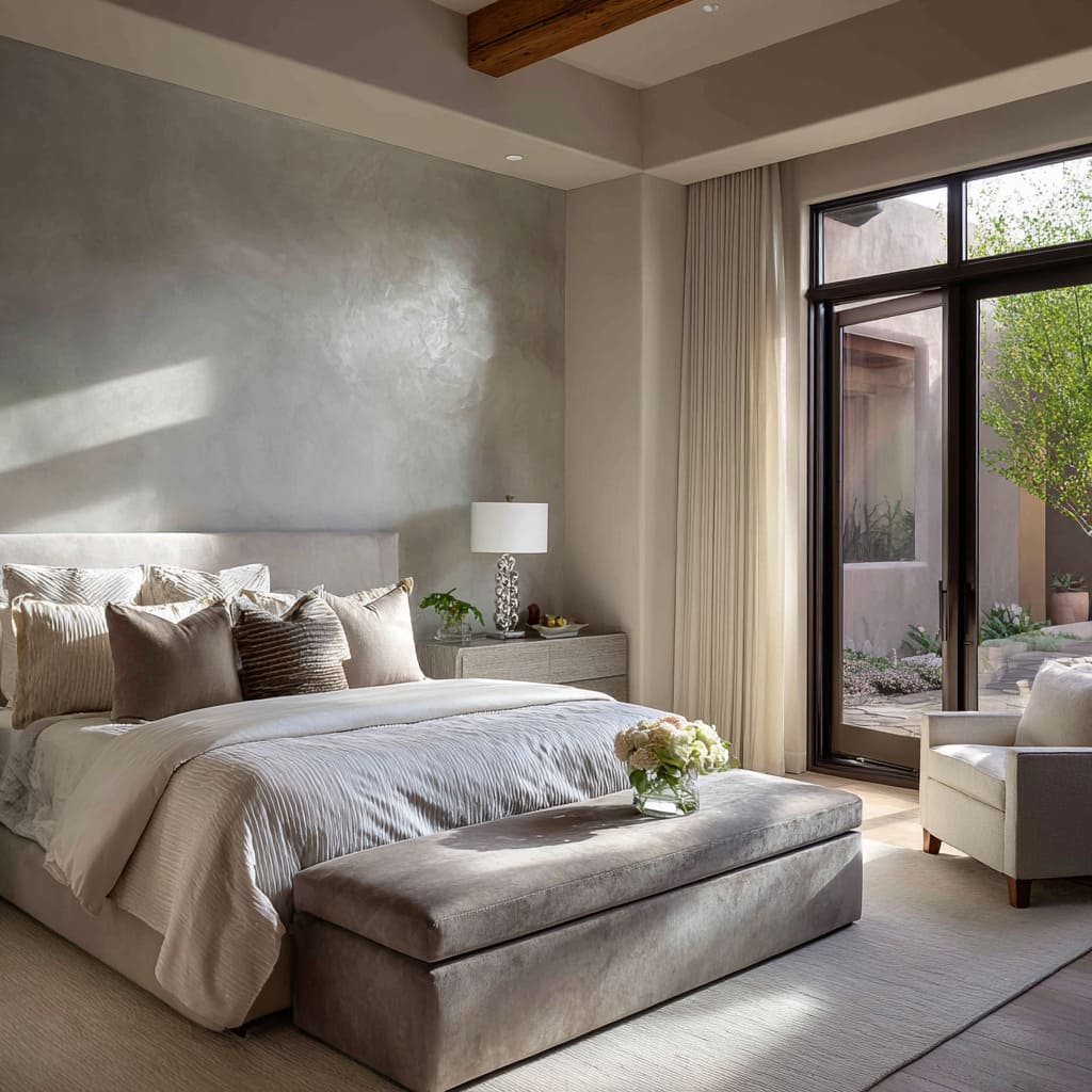 Warm grey themed bedroom ideas with plaster metallic wall, ribbed silver bedding, champagne-to-clay pillows