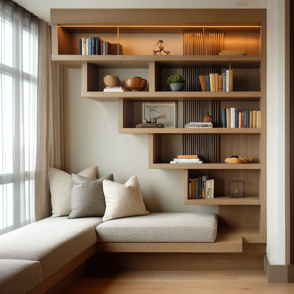 Warm oak corner bench inspo with staggered shelves, ribbed panel detail, soft cushions, framed pockets for decor Warm oak corner bench inspo with staggered shelves, ribbed panel detail, soft cushions, framed pockets for decor