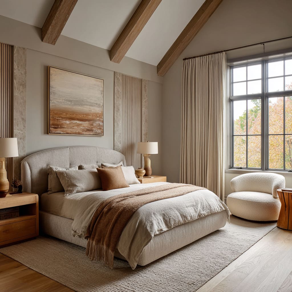 Warm sand bedroom design with ribbed and stone headboard wall, honey-oak beams, caramel accents, sculpted lamps Warm sand bedroom design with ribbed and stone headboard wall, honey-oak beams, caramel accents, sculpted lamps
