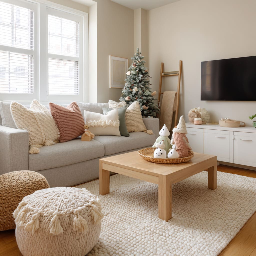 Warm sofa filled with knitted pillows in soft tones, woven tray holding tiny cone figures and round snow characters Warm sofa filled with knitted pillows in soft tones, woven tray holding tiny cone figures and round snow characters