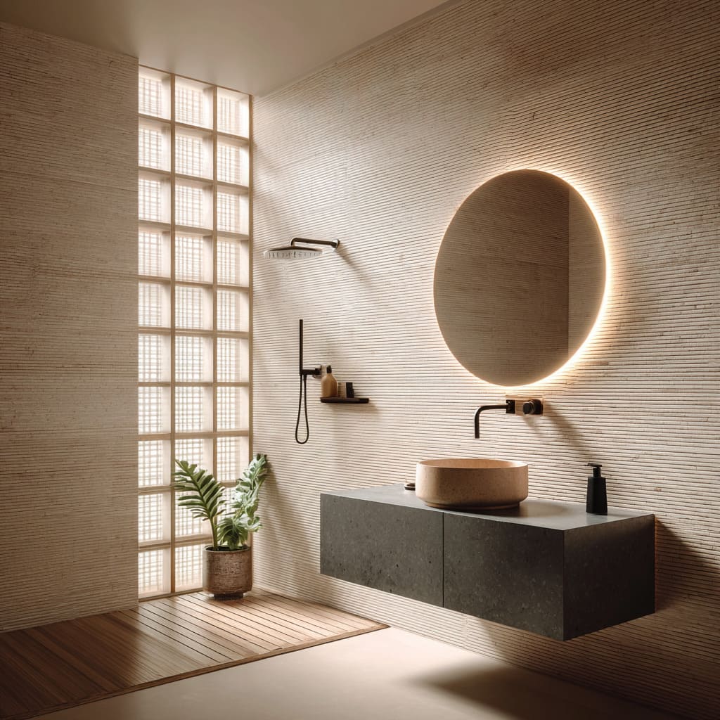 Warm-toned bathroom design with a narrow glass block column near a black rain shower, ribbed beige tiles