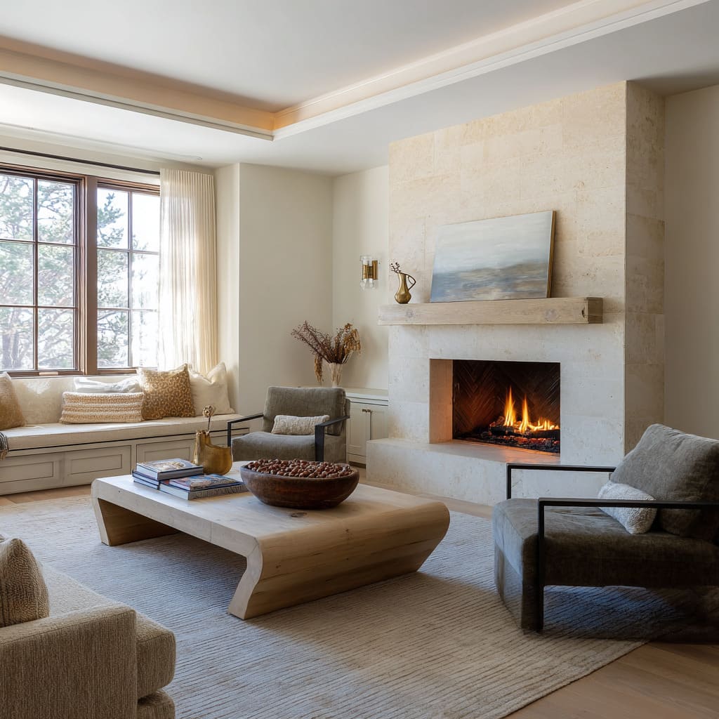 Western look fireplace room ideas with timber mantel, sculptural sled-profile coffee table, ribbed rug