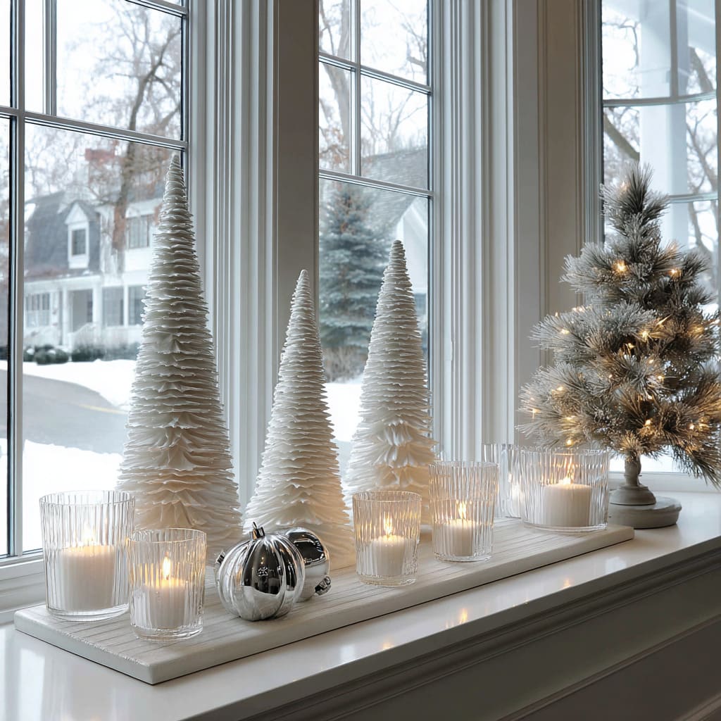 Composición de Navidad en alféizar blanco con fanales de vidrio acanalado, arbolitos cónicos y adornos cromados. Composición de Navidad en alféizar blanco con fanales de vidrio acanalado, arbolitos cónicos y adornos cromados.