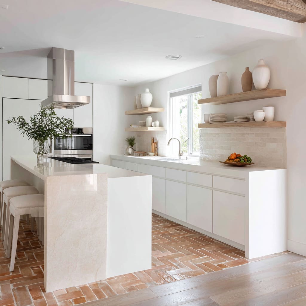 Diseño de cocina en blanco y madera con estrecha banda de ladrillo terracota en espiga a modo de pasillo en el suelo, muebles y encimeras en blanco suave Diseño de cocina en blanco y madera con estrecha banda de ladrillo terracota en espiga a modo de pasillo en el suelo, muebles y encimeras en blanco suave