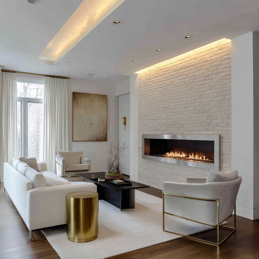 White brick lounge decorating ideas with stainless fireplace trim, brushed brass side table, thin gold chair frames, black stone table
