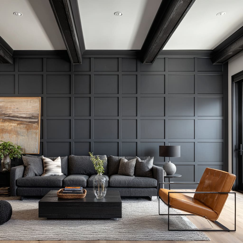 White grid wall ideas with woven fiber panels, botanical artworks arranged inside select squares, coffered ceiling White grid wall ideas with woven fiber panels, botanical artworks arranged inside select squares, coffered ceiling