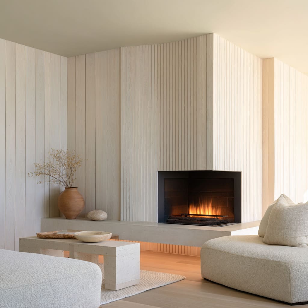 Chimenea en esquina con roble blanqueado para sala, panel facetado y estilo limpio Chimenea en esquina con roble blanqueado para sala, panel facetado y estilo limpio