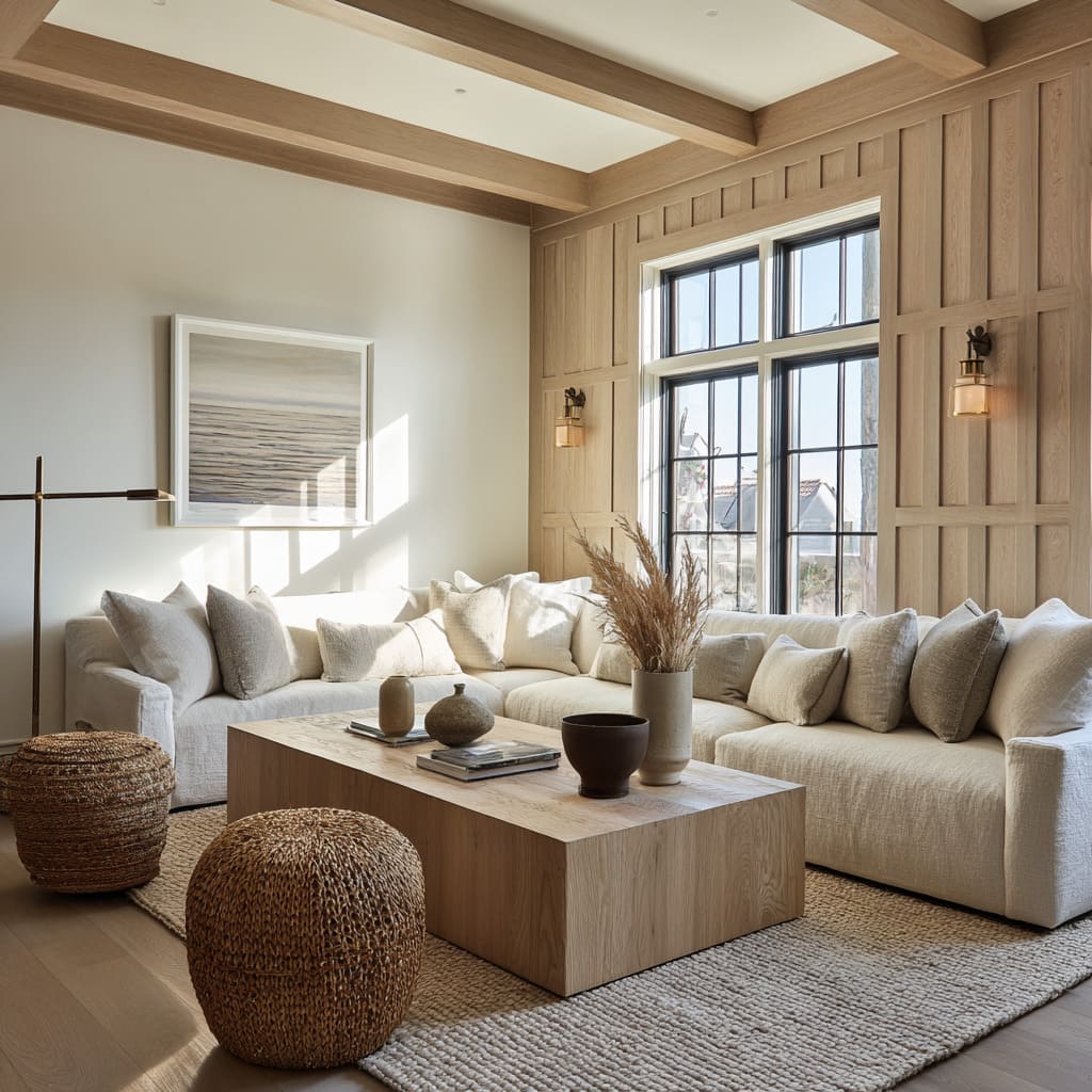 Wide oak grid panel wall design with deep joints, black-framed window integrated into the layout Wide oak grid panel wall design with deep joints, black-framed window integrated into the layout