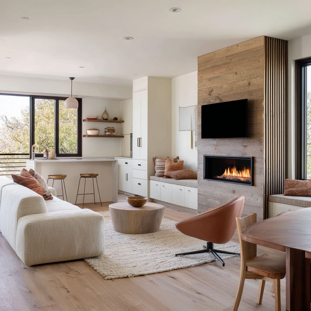 Wood-clad column fireplace design, terracotta pillows, swivel chair, shag rug, and oak accents Wood-clad column fireplace design, terracotta pillows, swivel chair, shag rug, and oak accents