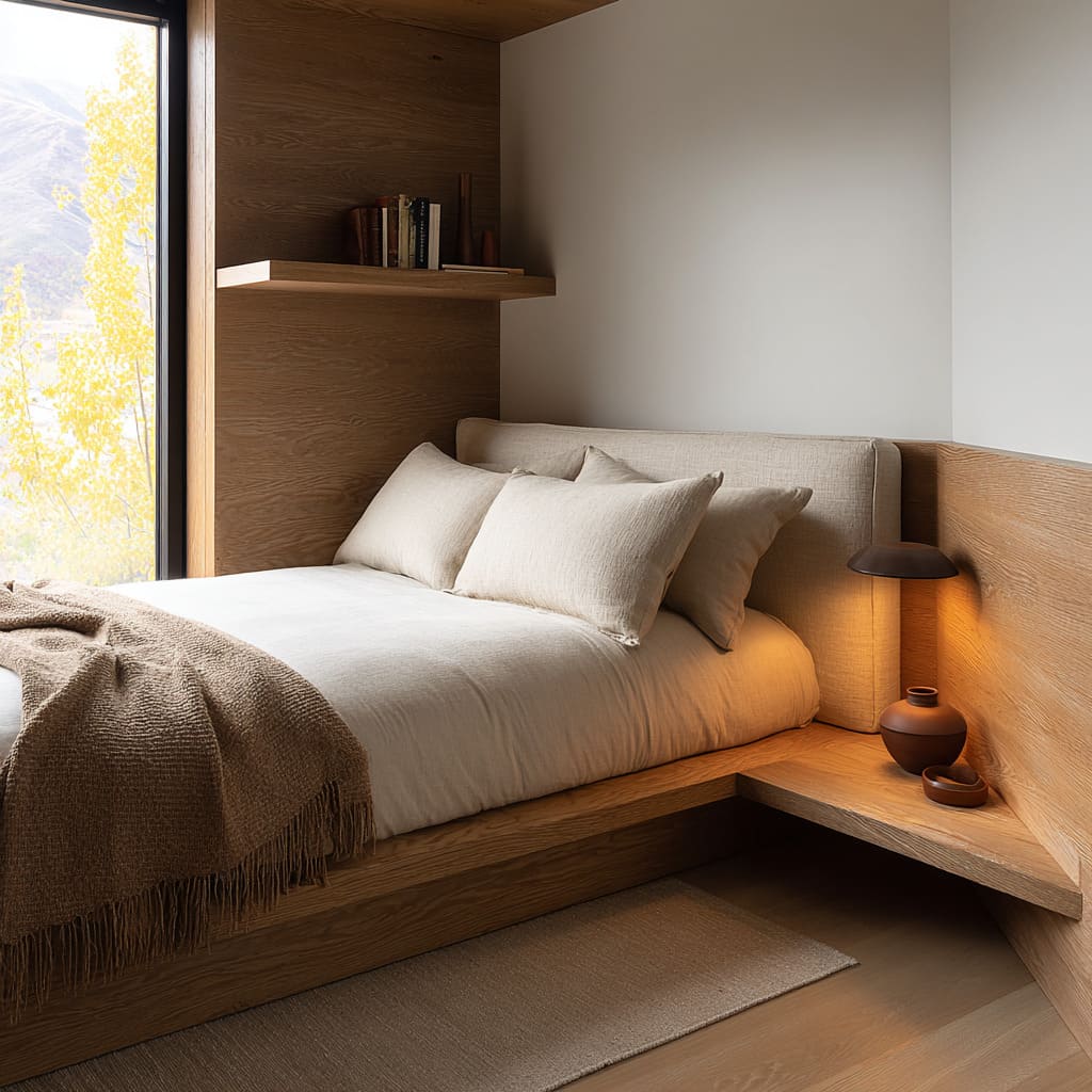 Wood-lined corner bed design with low drawers forming a seat, floating lit shelves, sandy quilted bedding Wood-lined corner bed design with low drawers forming a seat, floating lit shelves, sandy quilted bedding