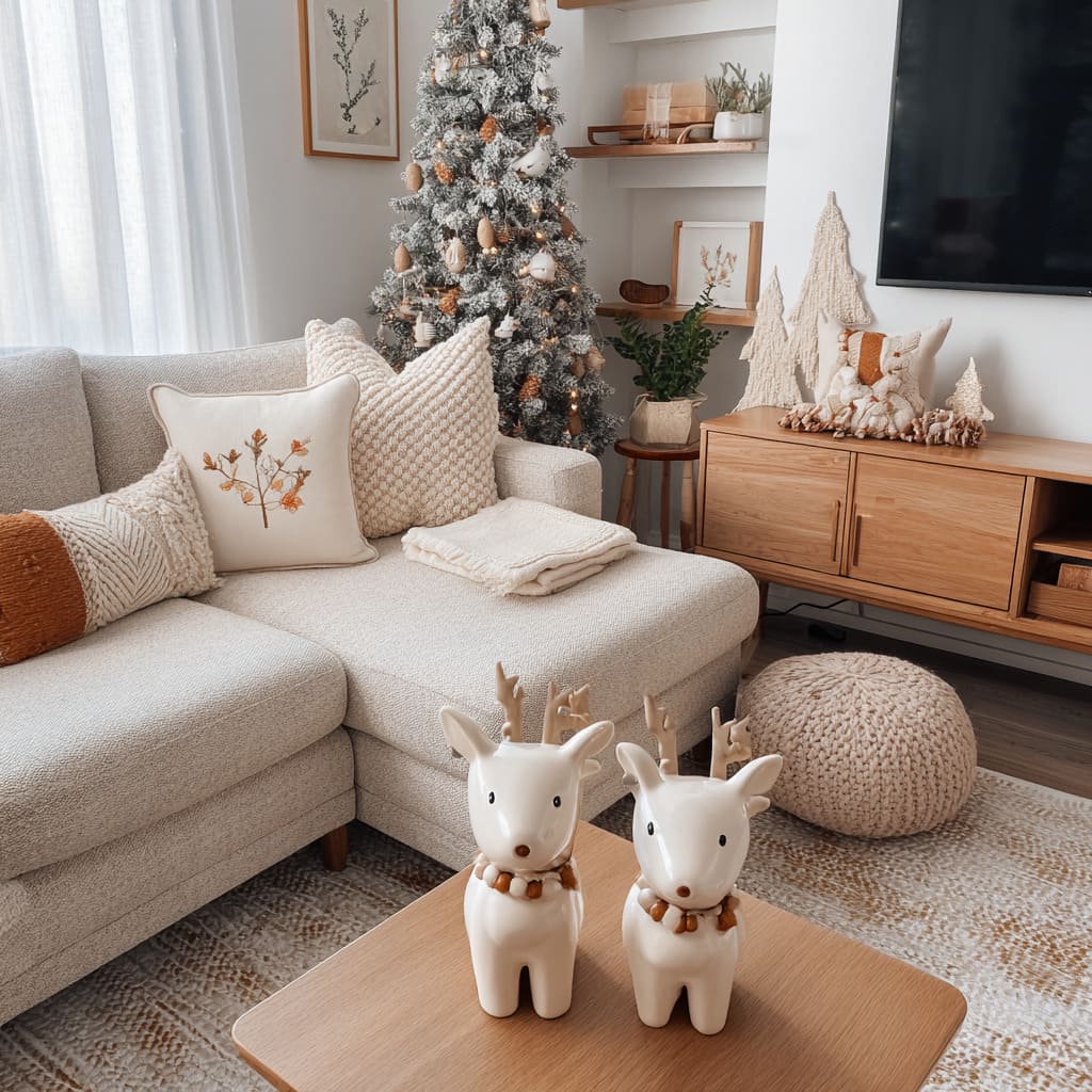 Woodland-style living room concept with ceramic reindeer on a coffee table, cream corner sofa with knitted pillows, snowy flocked tree Woodland-style living room concept with ceramic reindeer on a coffee table, cream corner sofa with knitted pillows, snowy flocked tree