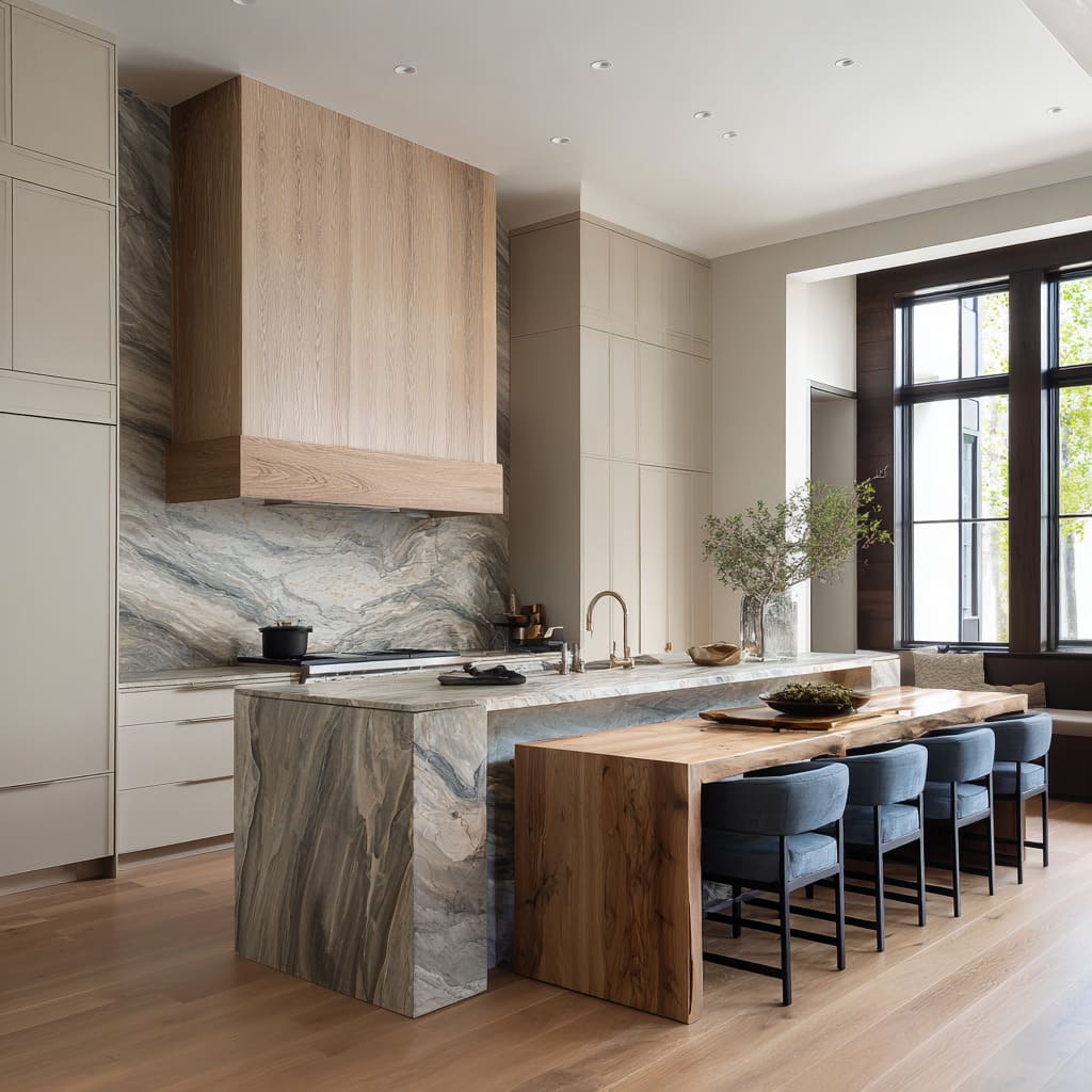 a blue-gray stone island concept with a lower knotty-oak dining table, slate upholstered stools a blue-gray stone island concept with a lower knotty-oak dining table, slate upholstered stools