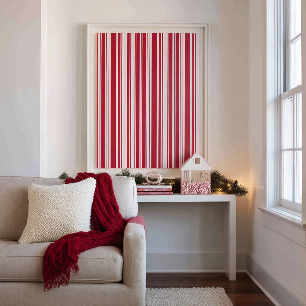 a framed red-and-cream stripe artwork, slim white console, small house decor, greenery garland, and soft red throw for a simple Christmas vignette a framed red-and-cream stripe artwork, slim white console, small house decor, greenery garland, and soft red throw for a simple Christmas vignette
