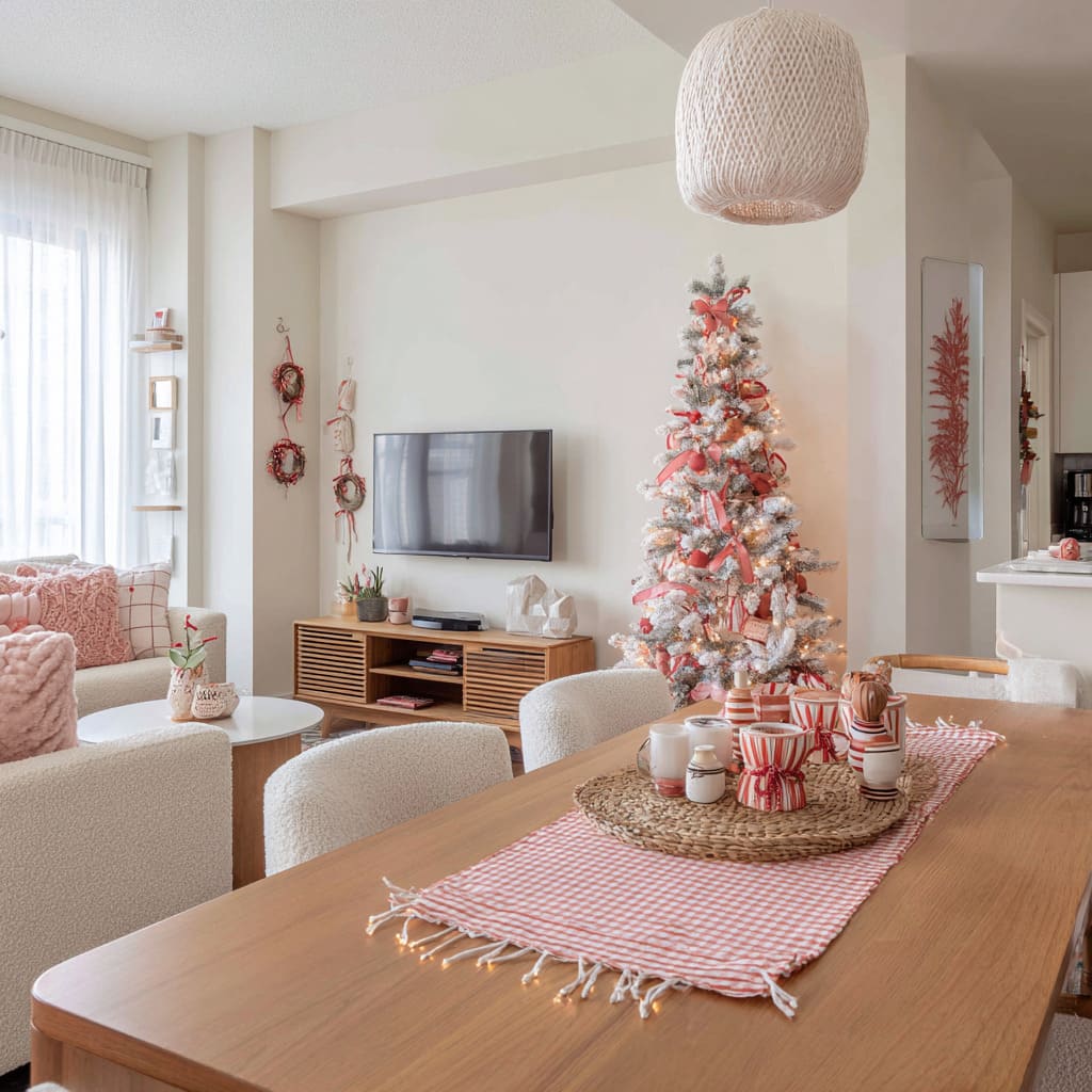 a frosted coral-ribbon Christmas tree, cream boucle seating, blush and gingham cushions, coral wreaths, and a candy-striped table setup a frosted coral-ribbon Christmas tree, cream boucle seating, blush and gingham cushions, coral wreaths, and a candy-striped table setup