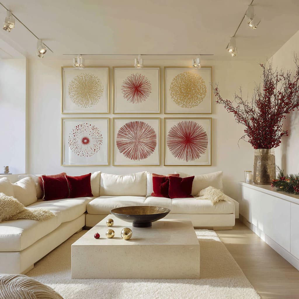 a grid of red and gold circular burst artworks, cream sectional, gold spheres, berry branches, and greenery for a lively modern Christmas look a grid of red and gold circular burst artworks, cream sectional, gold spheres, berry branches, and greenery for a lively modern Christmas look