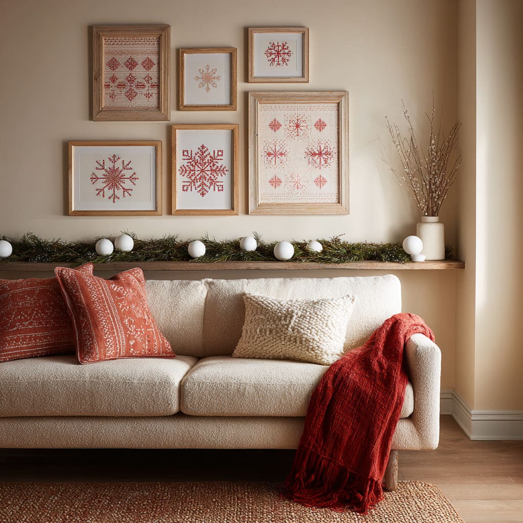 a loose cluster of red embroidery-style framed art, greenery ledge with white spheres, cream sofa, terra-cotta pillows, and rustic carpet a loose cluster of red embroidery-style framed art, greenery ledge with white spheres, cream sofa, terra-cotta pillows, and rustic carpet