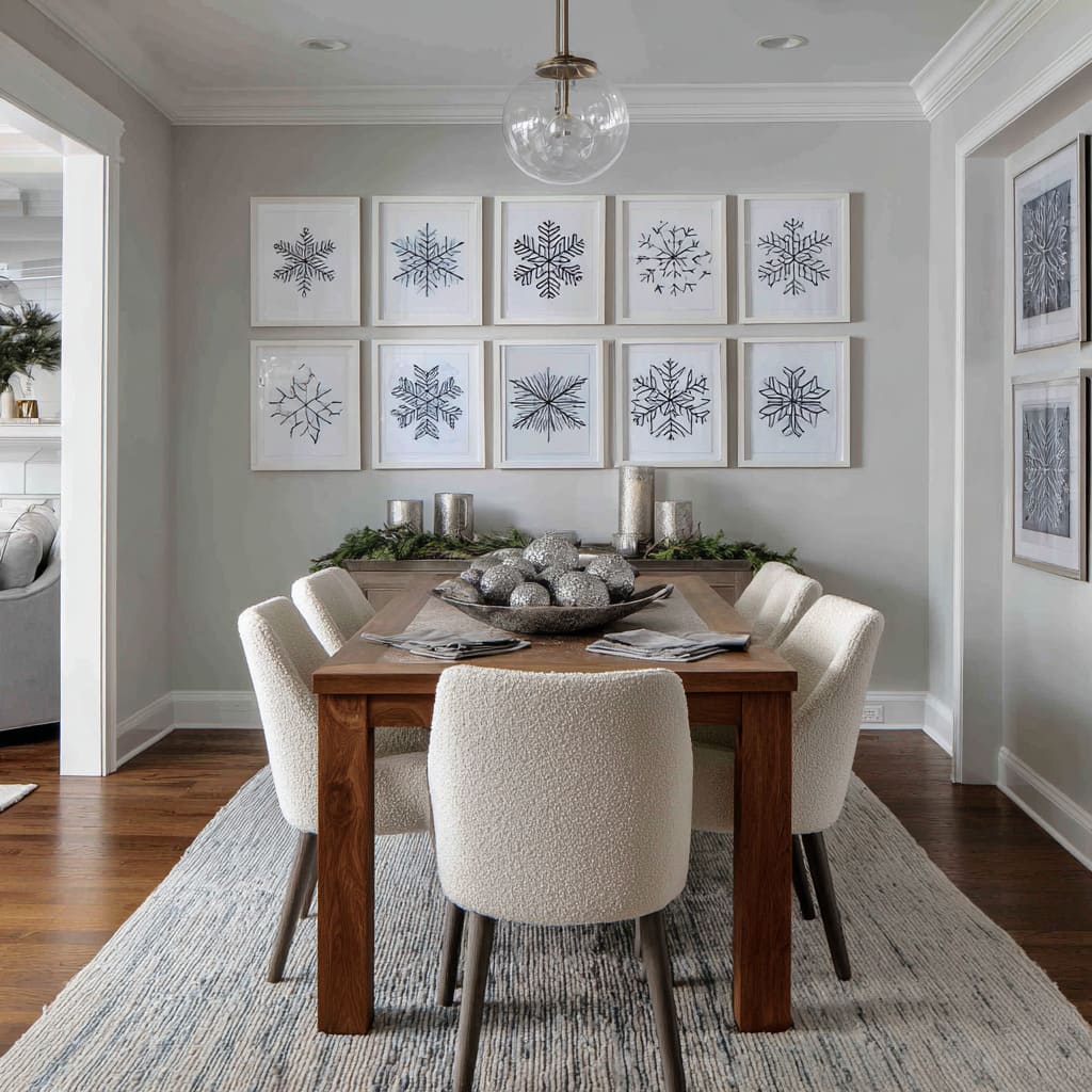 a snowflake gallery wall in a 3×4 grid, warm oak table, boucle chairs, soft greige walls, and subtle Christmas accents a snowflake gallery wall in a 3×4 grid, warm oak table, boucle chairs, soft greige walls, and subtle Christmas accents
