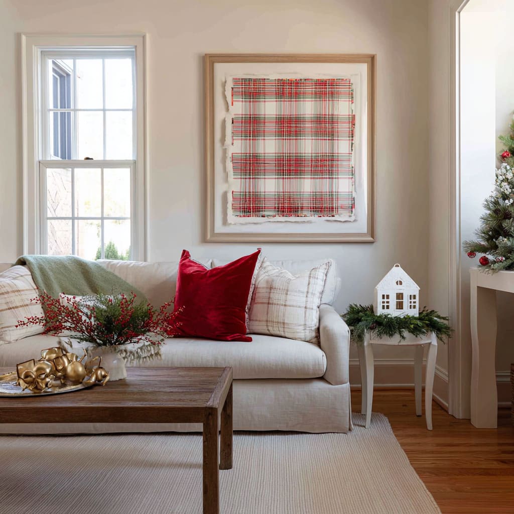 a torn plaid fabric, cream sofa, red velvet pillow, gold bowl on coffee table, greenery with berries, and a softly lit tree corner