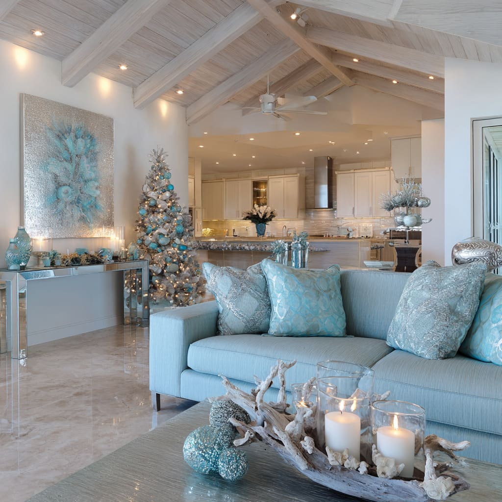 aqua and silver Christmas decor, mirrored console, champagne ornaments, and driftwood centerpiece under a vaulted oak ceiling