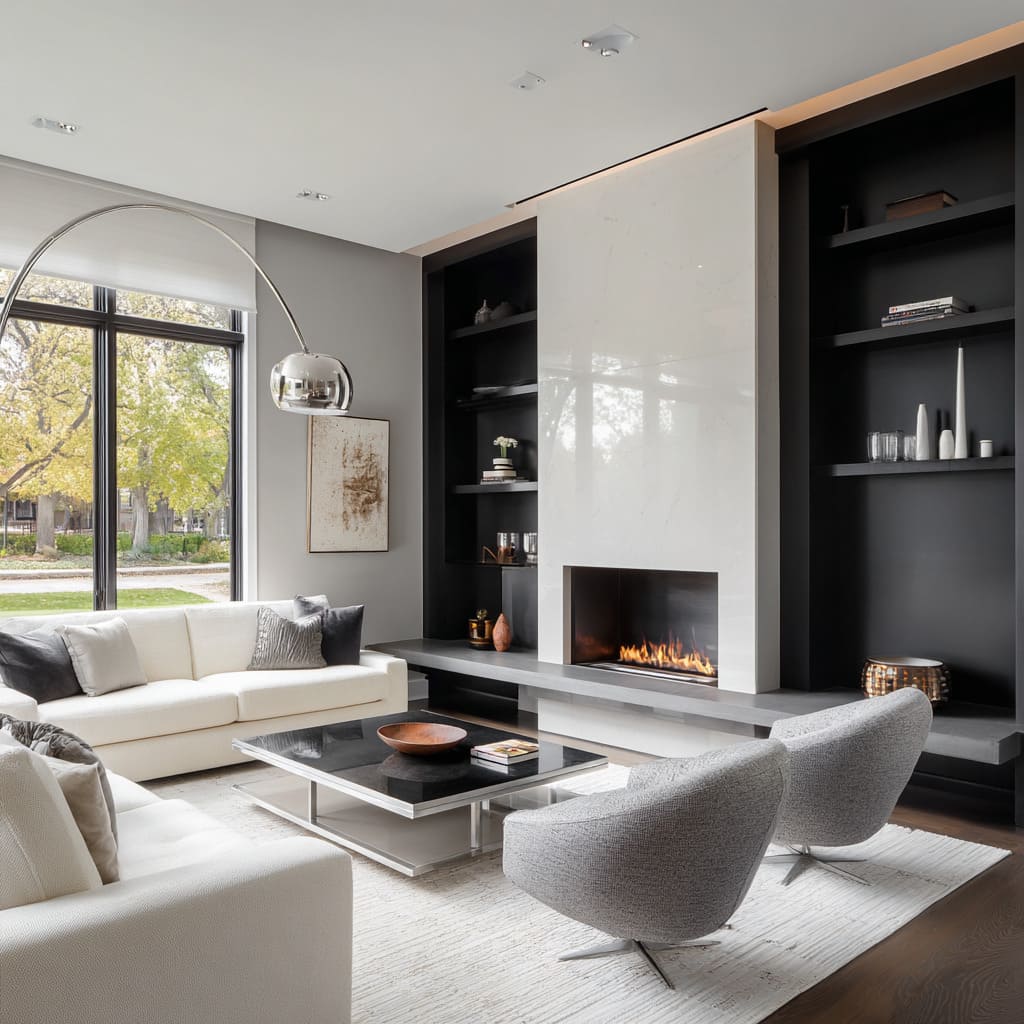 Inspiración para una sala familiar en negro, blanco y plata con losa blanca brillante en la chimenea y libreros en tono carbón Inspiración para una sala familiar en negro, blanco y plata con losa blanca brillante en la chimenea y libreros en tono carbón