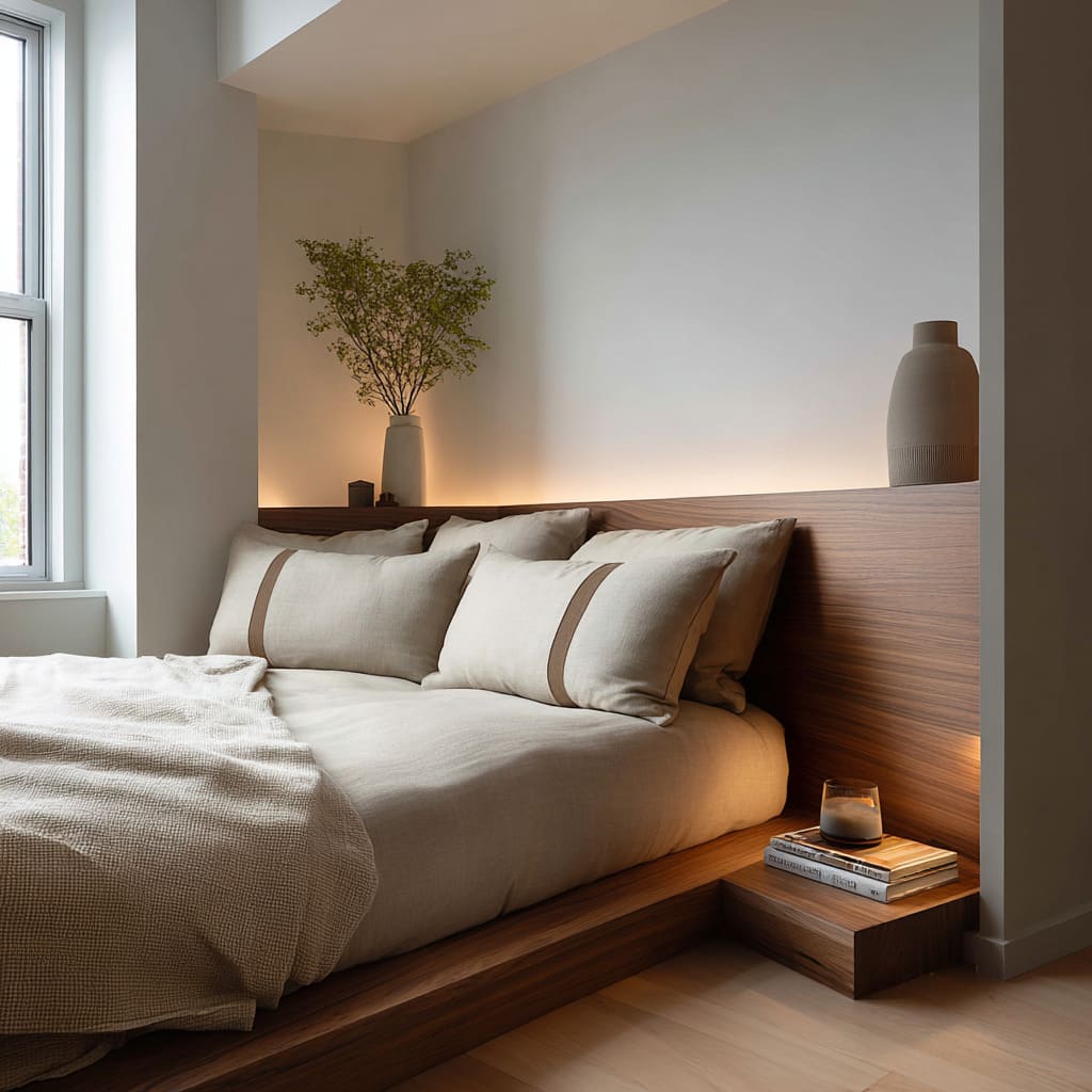 bed with oak-clad walls, triangular chamfered shelf, warm bronze lamp, high floating shelf bed with oak-clad walls, triangular chamfered shelf, warm bronze lamp, high floating shelf