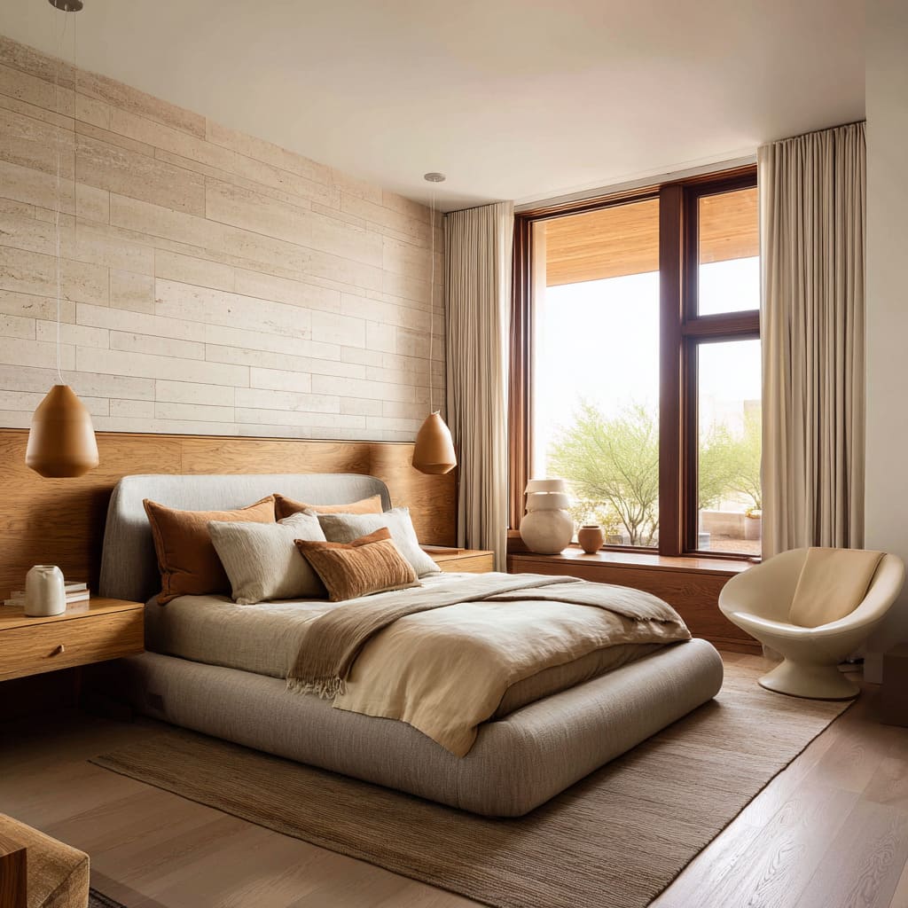 bedroom ideas combining wood headboard band and stone planks, grey-sand platform bed, terracotta accents bedroom ideas combining wood headboard band and stone planks, grey-sand platform bed, terracotta accents