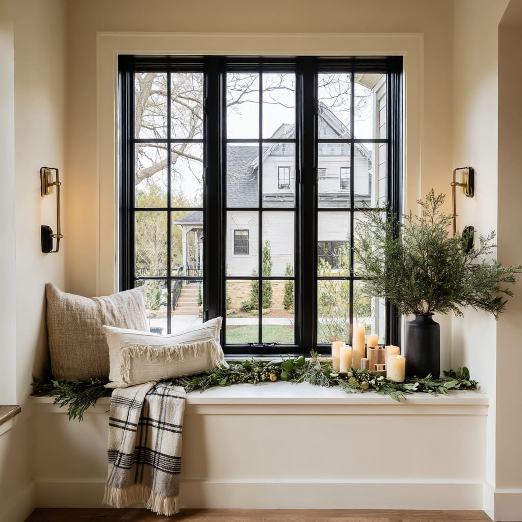 Banco bajo ventana con cuadrícula negra decorado con guirnalda de hoja perenne, velas gruesas, manta de cuadros y cojines de lino que crean un ambiente festivo acogedor. Banco bajo ventana con cuadrícula negra decorado con guirnalda de hoja perenne, velas gruesas, manta de cuadros y cojines de lino que crean un ambiente festivo acogedor.