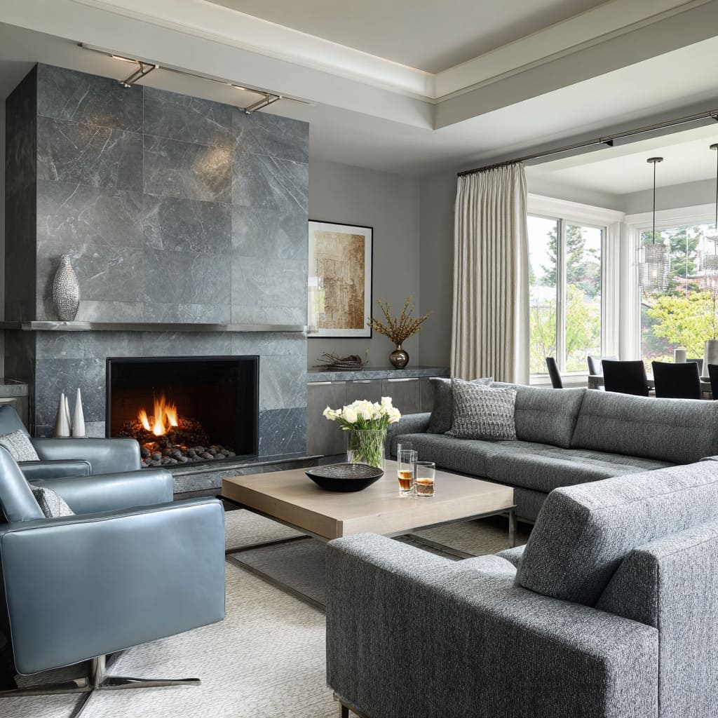 blue-grey stone fireplace living room design with tweedy sectional blue-grey stone fireplace living room design with tweedy sectional