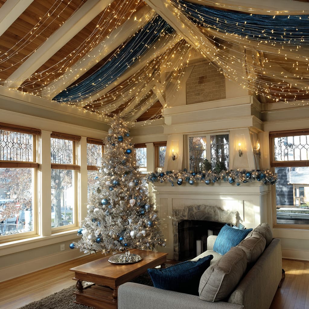 blue ribbon canopy ceiling, silver Christmas tree, and silver garland mantel with cobalt ornaments and fairy lights blue ribbon canopy ceiling, silver Christmas tree, and silver garland mantel with cobalt ornaments and fairy lights