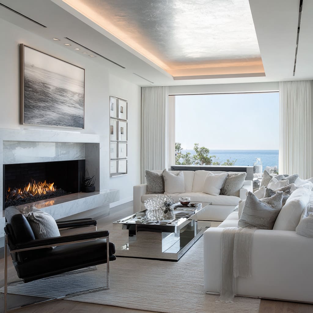 Sala en blanco, plata y negro con chimenea de mármol, mesa espejo y silla lounge en acero pulido Sala en blanco, plata y negro con chimenea de mármol, mesa espejo y silla lounge en acero pulido