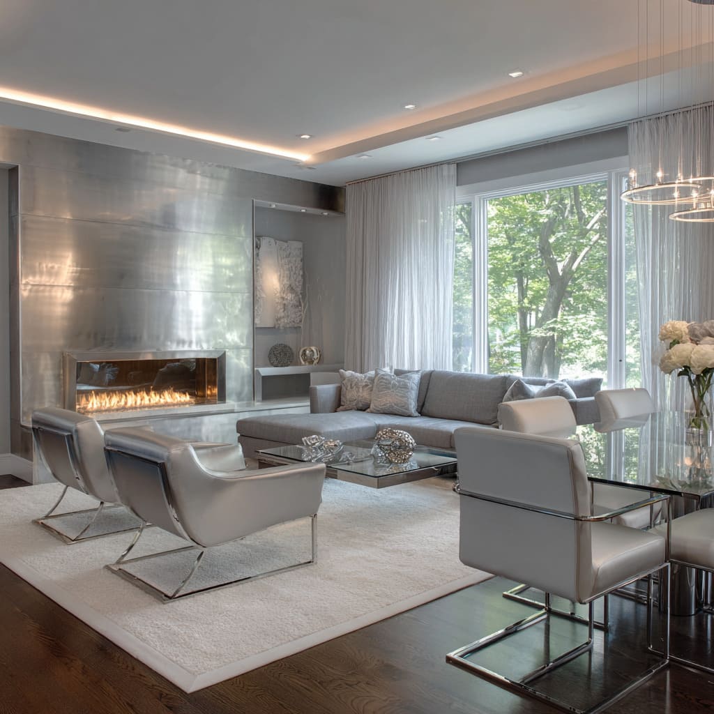 brushed-steel and grey living room concept with chrome-edged mirror table, white-grey chairs brushed-steel and grey living room concept with chrome-edged mirror table, white-grey chairs