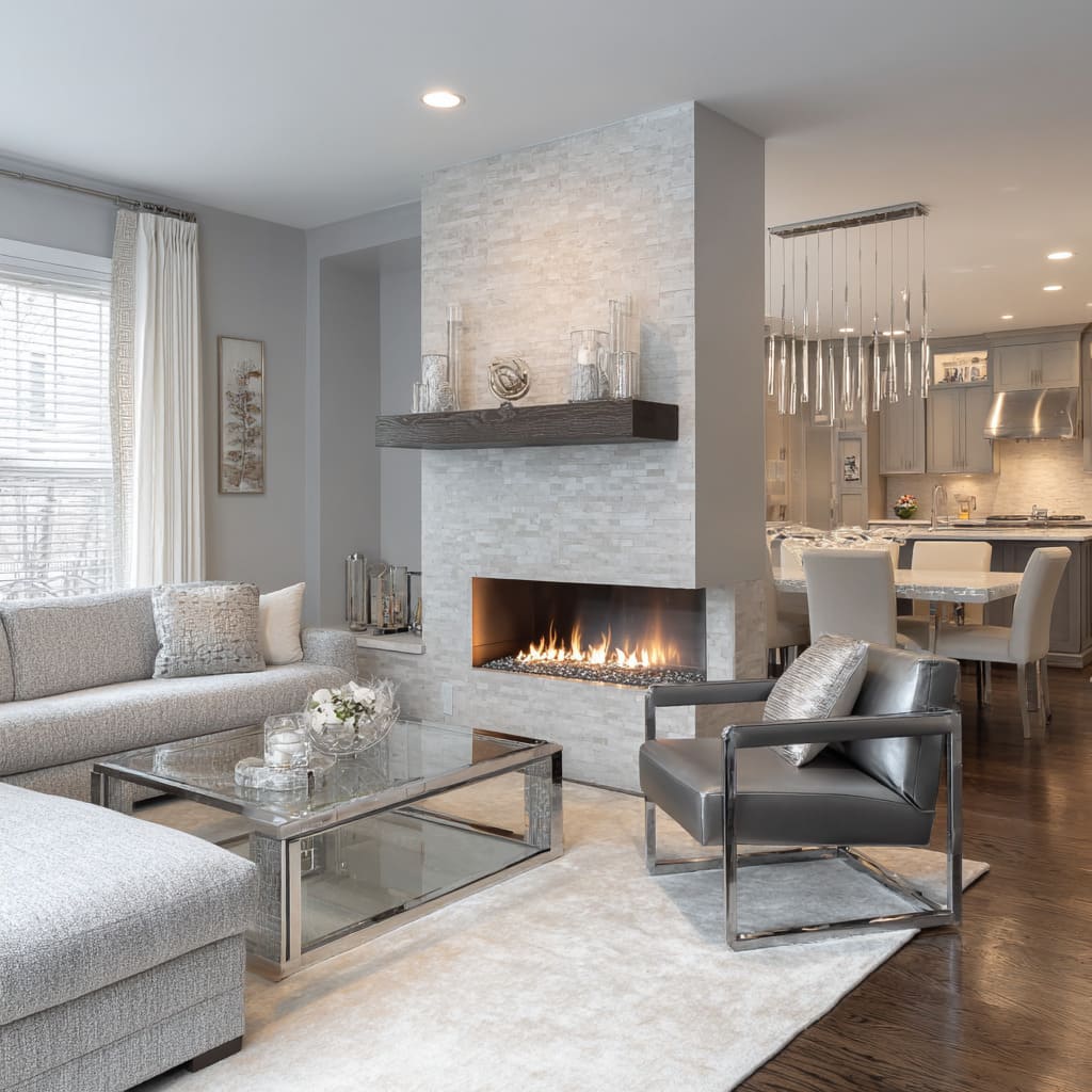 chrome lounge chair, crystal lighting, and warm white curtains chrome lounge chair, crystal lighting, and warm white curtains