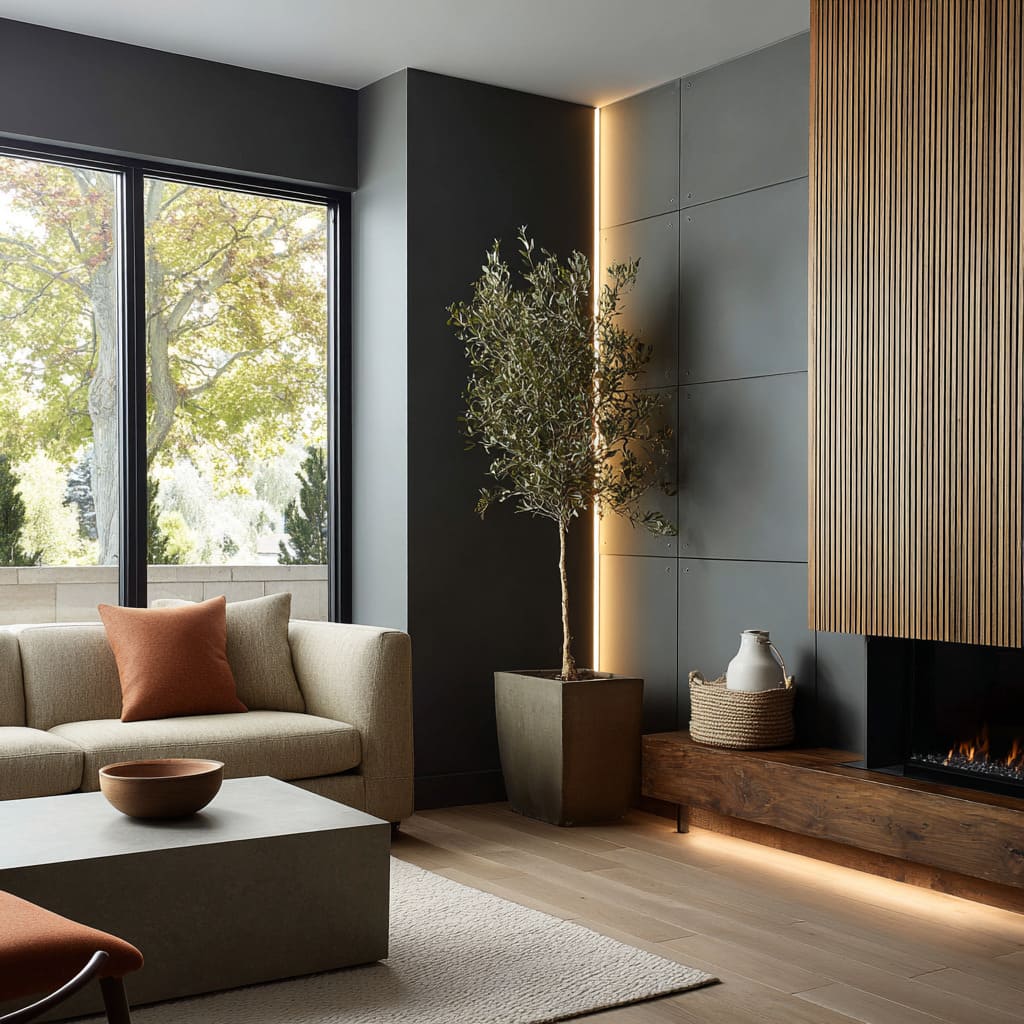 chunky floating shelves with single objects, thin flame slot, and tall branch vase for a warm gallery-style corner design chunky floating shelves with single objects, thin flame slot, and tall branch vase for a warm gallery-style corner design