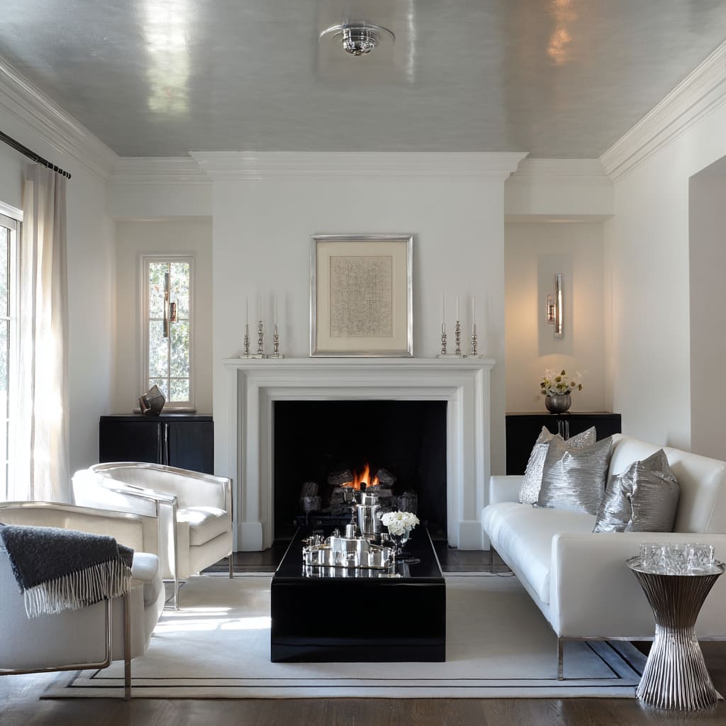 Interior clásico en blanco y plata con techo con brillo plateado, mesa de centro lacada en negro y asientos con patas cromadas Interior clásico en blanco y plata con techo con brillo plateado, mesa de centro lacada en negro y asientos con patas cromadas