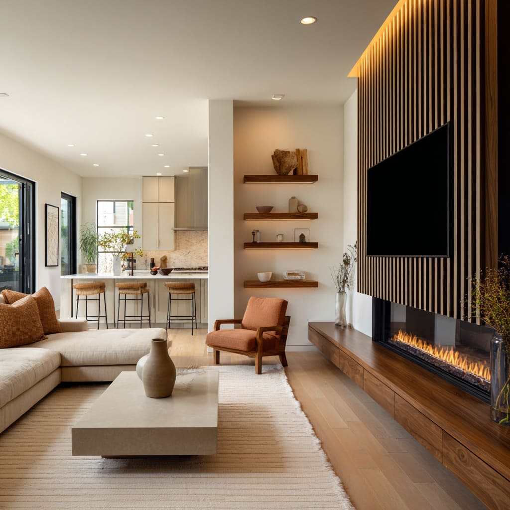 cohesive living room ideas with full-length walnut bench and fireplace with slats above cohesive living room ideas with full-length walnut bench and fireplace with slats above