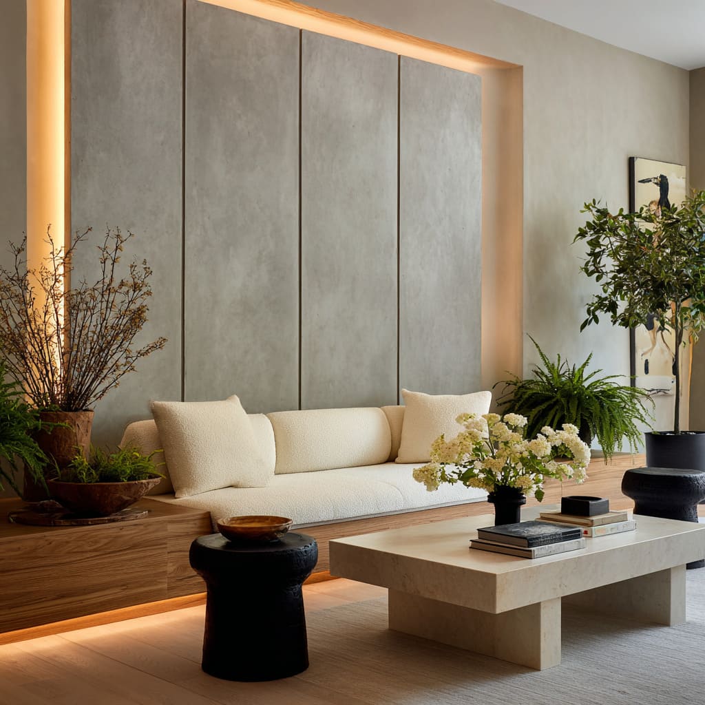 concrete-look slab panels framed by warm halo lighting, long wood bench with bottom glow concrete-look slab panels framed by warm halo lighting, long wood bench with bottom glow