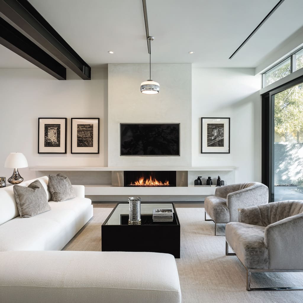 Sala contemporánea en negro, plata y blanco con chimenea lineal, lámpara colgante en cromo, sofá blanco y sillones en terciopelo gris Sala contemporánea en negro, plata y blanco con chimenea lineal, lámpara colgante en cromo, sofá blanco y sillones en terciopelo gris